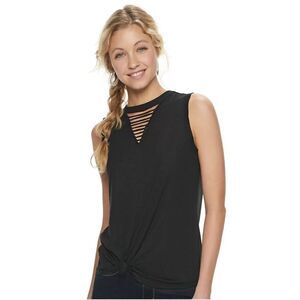 Juniors' SO Macrame Knot Front Tank Black Size XL